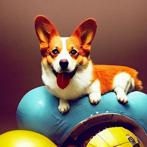 Prompt: photo of a corgi floating in space, cyberpunk, vintage, inspired by david lynch