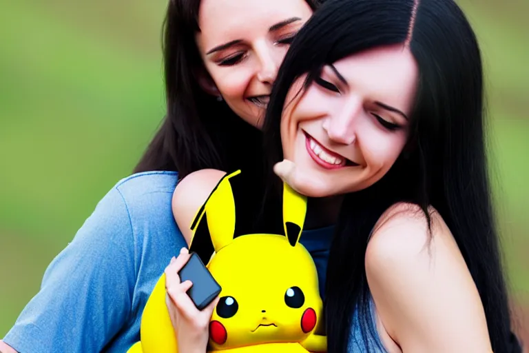 Image similar to a young skinny woman with long dark hair hugging a pikachu