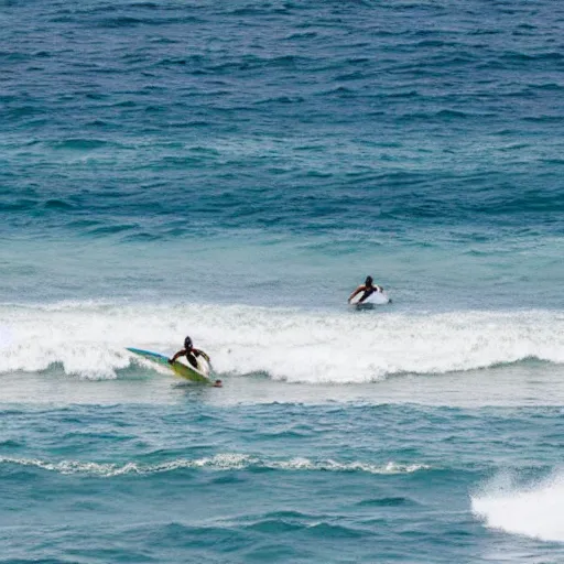 Prompt: photo of two happy laughing avocados holding hands on the surfboards in the middle of the ocean