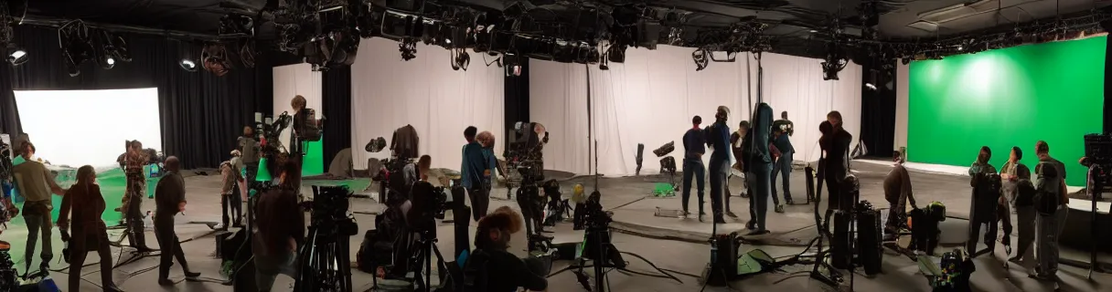 Image similar to photo of a movie set with a single big green screen actors acting, studio, movie set, realistic, studio lighting