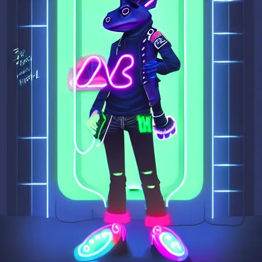 Image similar to beautiful furry digital art portrait commission of an androgynous furry anthro frog fursona wearing punk clothes in the streets of a cyberpunk city. neon signs. character design by charlie bowater, ross tran, artgerm, and makoto shinkai