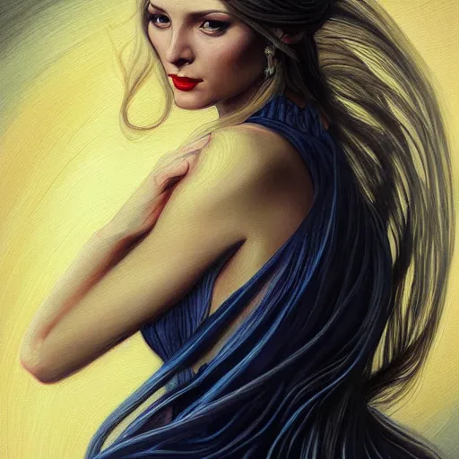 Prompt: portrait of a female wizard in flowing sensual dress, long flowing hair, delicate, looking at camera, slightly smiling, realistic face, stylish, elegant, extremely detailed painting inspired by Gerald Brom, studio lighting