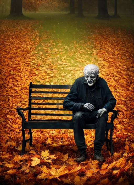 Image similar to man crumbles into leaves. conceptual photography portrait of an old man on a park bench falling apart into leaves, autumn tranquility, forgetfulness, fading to dust and leaves, oblivion, inevitability, aging, surreal portrait, moody, by tom bagshaw, cold, 4 k