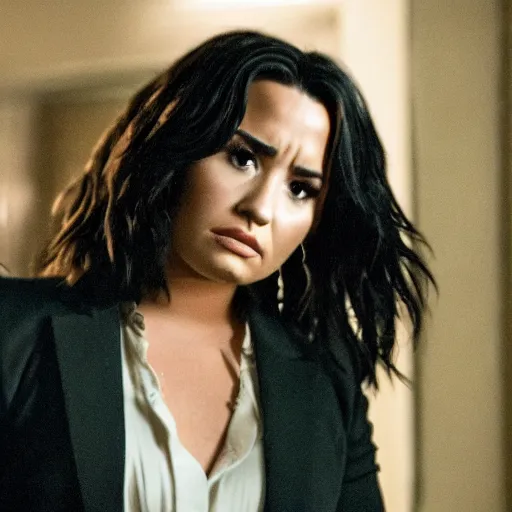 Image similar to close-up of Demi Lovato as a detective in a movie directed by Christopher Nolan, movie still frame, promotional image, imax 70 mm footage