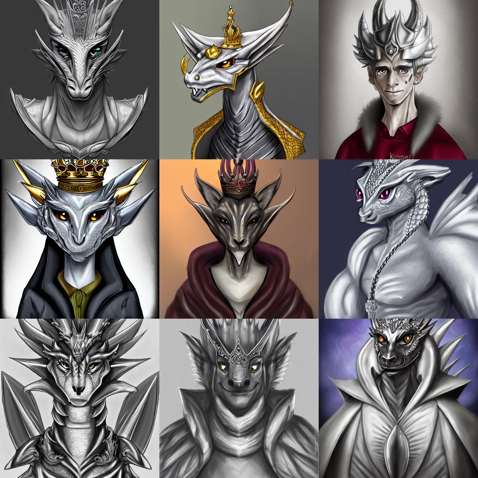 Prompt: bust portrait of a handsome noble young anthropomorphic silver dragon, male, wearing a king's cape, large eyes, commission on furaffinity
