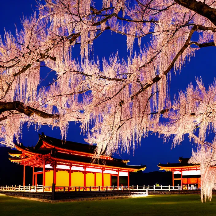 Image similar to Authentic illustrations of At night, willows and peach trees full of peach blossoms are strewn at random on both sides of the pavilions, and the bright moon is directly above the pavilions, Chinoiserie，light effect.