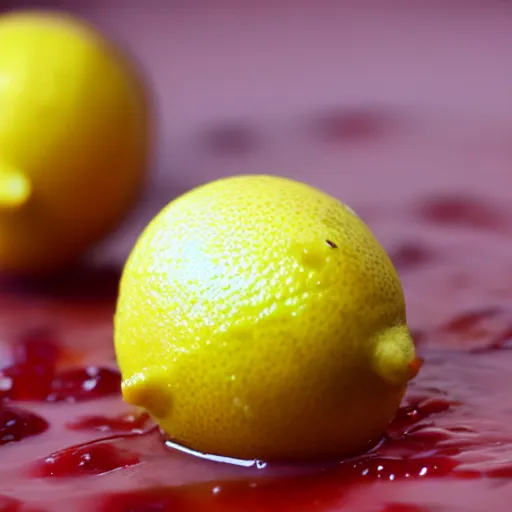 Image similar to close - up shot of a lemon covered in strawberry jam, macro lens, depth of field