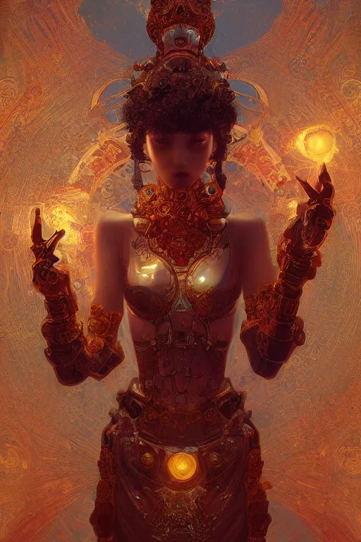 Prompt: tarot card artstation, portrait of a robot love dancer, sunrise, baroque ornament and rococo ornament, ancient chinese ornate, hyperdetailed, beautiful lighting, craig mullins, mucha, klimt, yoshitaka amano, red and gold and orange color palette