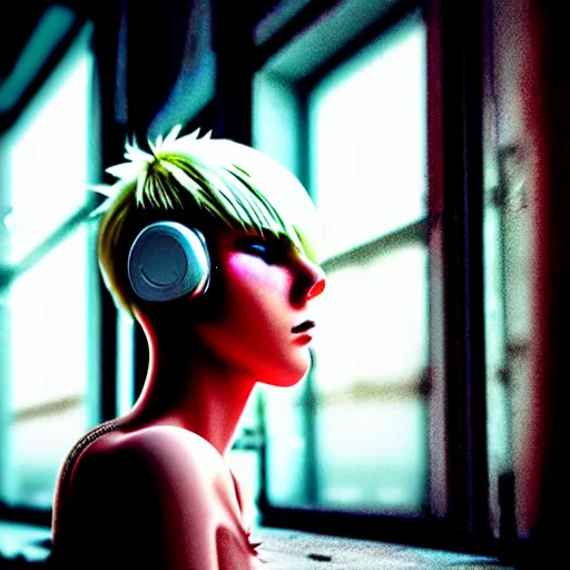 Image similar to worried, beautiful android looks out at you through the window in a dirty abandoned factory, short spiky blonde hair, cyberpunk outfit, kodachrome