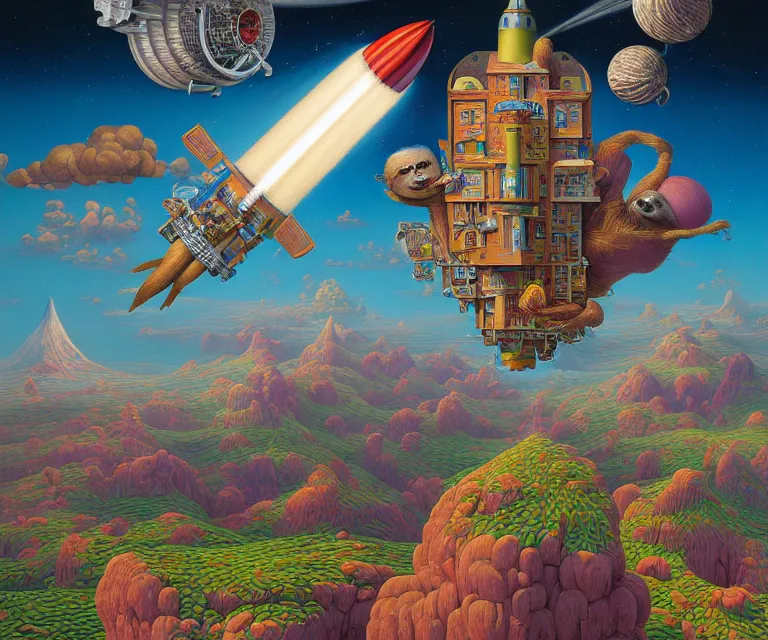 Image similar to hyper detailed 3d render like a Oil painting - a cartoon sloth riding a rocket into space, by Jacek Yerka, Mariusz Lewandowski, Houdini algorithmic generative render, Abstract brush strokes, Masterpiece, Edward Hopper and James Gilleard, Zdzislaw Beksinski, Mark Ryden, Wolfgang Lettl, hints of Yayoi Kasuma, octane render, 8k