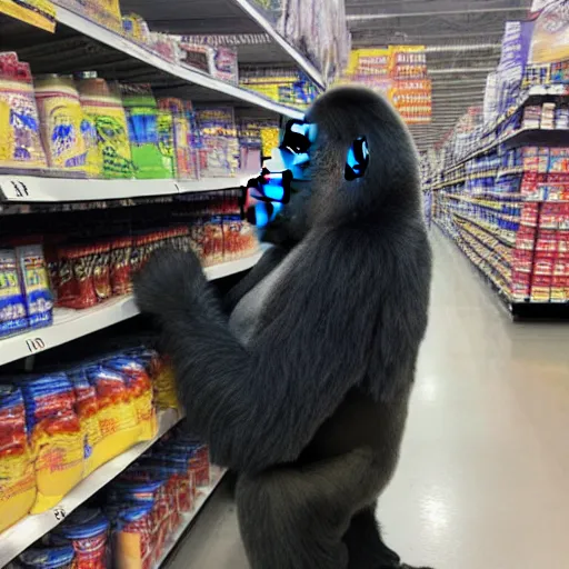Image similar to photo of gorilla in walmart, cell phone camera, zoom,
