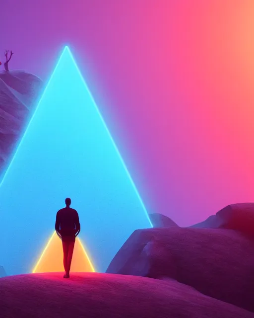 Prompt: a man standing in the middle of a mountain with a glowy neon triangle, a render by filip hodas, behance contest winner, environmental art, rendered in cinema 4 d, volumetric lighting