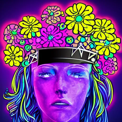 Image similar to robot wearing a crown of flowers neon colors flowerpunk