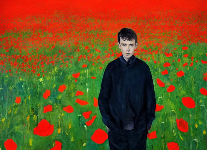 Image similar to portrait of nervous boy with acoustic guitar standing next, field of poppies, hernan bas and pat steir and hilma af klint, psychological, photorealistic, dripping paint, washy brush, rendered in octane, altermodern, masterpiece