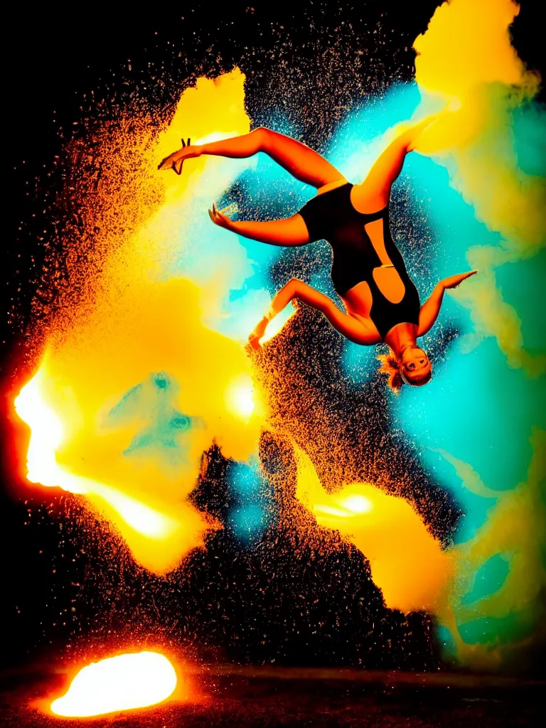 Image similar to a perfect colorised portrait photograph of a backflip woman, erupting in every direction, jets of glowing effluent and metallic chunks.