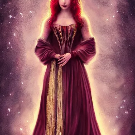 Prompt: Fantastic, fairytale, portrait, painting, beautiful!, female mage, long flowing red hair, light emitting from fingertips, ornate gown, smoldering, serious, royalty kingdom, royal court, hyperreal, photoreal