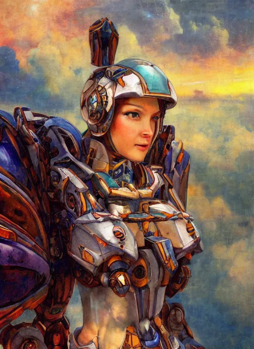 Image similar to biblical shy beautiful female mecha mage valkyree android on a bird, jump, rollerblades, heavy eyes to the side, closeup, bright glowing veins, in clouds, sunset, portrait, by gerald brom, by mikhail vrubel, by peter elson, muted colors, extreme detail, reflections, trending on artstation, 8 k