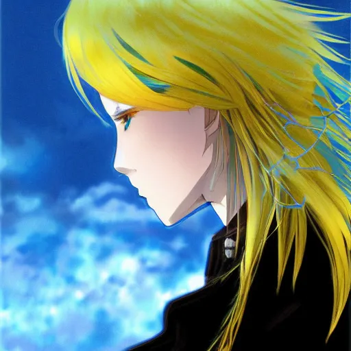 Prompt: side profile of rimuru tempest looking down with sky blue hair, long hair, gold eyes, high collar, film grain, 3 5 mm, black jacket | shiny, highly detailed, rain, professional digital painting, concept art, award - winning photography, cinematic, wlop | art by pixiv art, andy warhol, yoshitaka amano, deviantart