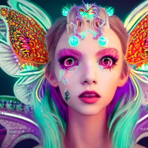 Image similar to portrait of neon fairy princess, glowing, ornate and intricate jewelry, jaw dropping beauty, glowing background lighting, white accent lighting, hyper detailed, fairy tale, 4 k octane render