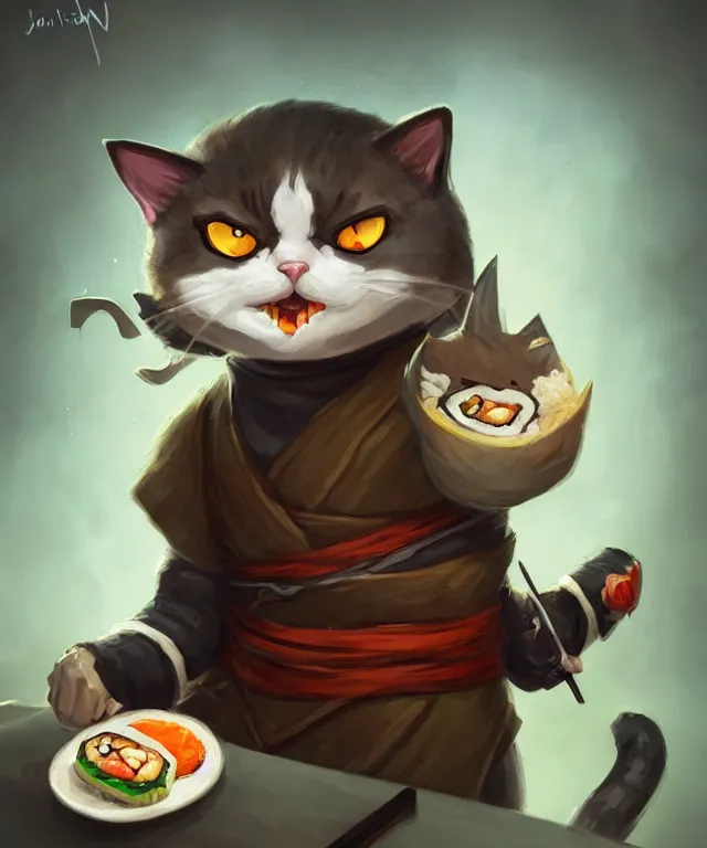 Image similar to a portrait of an anthropomorphic ninja cat eating sushi,, standing in a restaurant, cute and adorable, dnd character art portrait, well rendered matte fantasy painting, deviantart artstation, by jason felix by steve argyle by tyler jacobson by peter mohrbacher, cinematic lighting