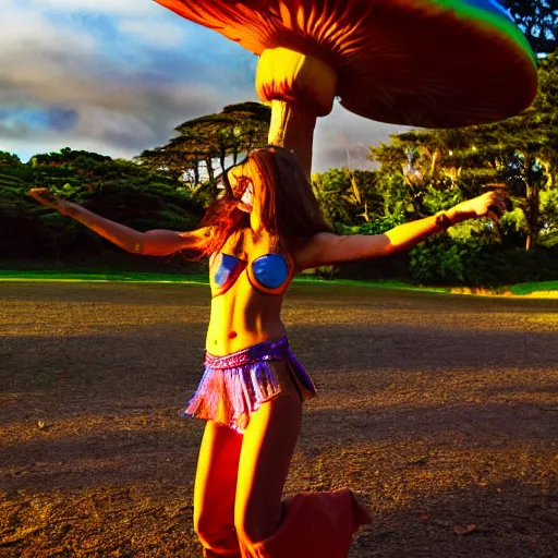 Image similar to a full body portrait of a beautiful hippie girl dancing in golden gate park at sunset, giant psychedelic mushrooms in the background,