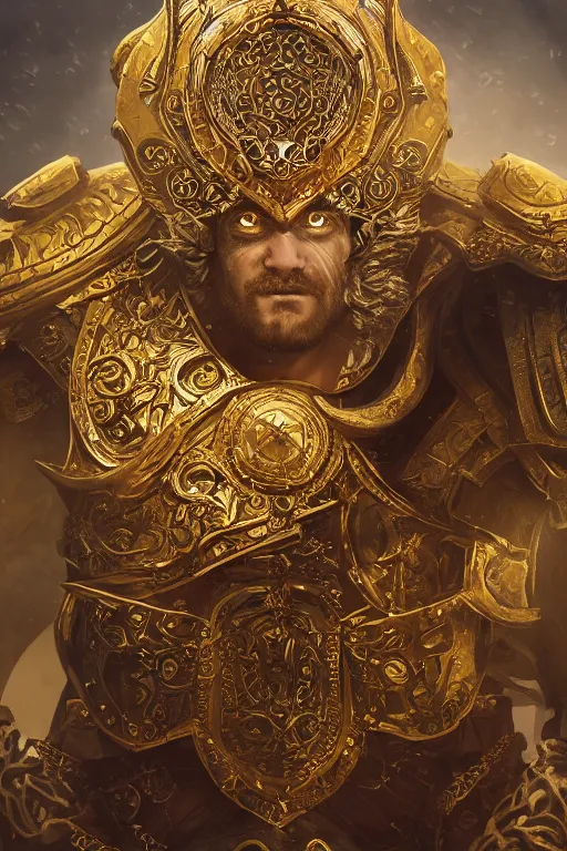 Image similar to dynamic photography portrait of a dungeons and dragons king's colosse , intricate ornate armor, subject in the middle of the frame, rule of thirds, golden ratio, elegant, digital painting, octane 4k render, zbrush, hyperrealistic, artstation, concept art, smooth, sharp focus, illustration from Warcraft by Ruan Jia and Mandy Jurgens and Artgerm and William-Adolphe Bouguerea