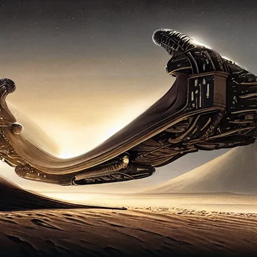 Prompt: scene from dune 2 0 2 1 movie, hr giger artlilery spaceship lands in an alien landscape, filigree ornaments, volumetric lights, syd mead, ian mcque