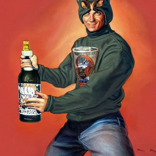 Image similar to Wolf wearing black sweatshirt, holding beer, artwork by Earl Norem,