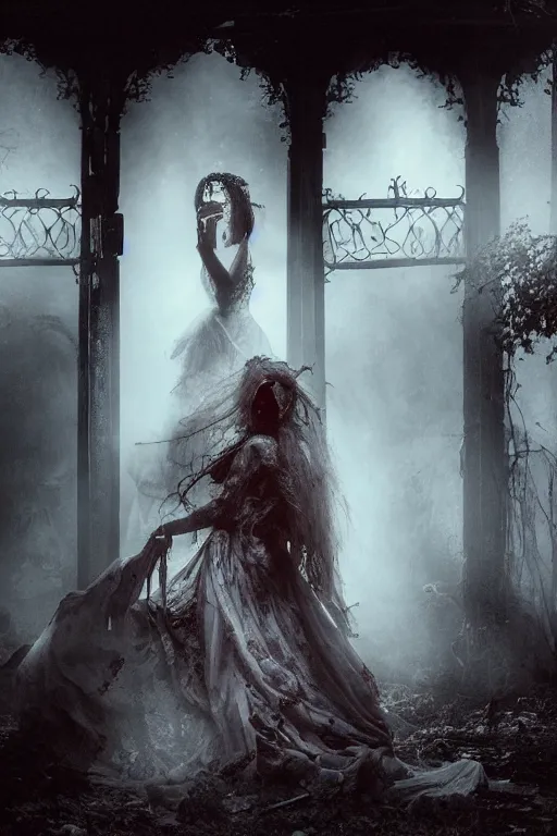 Image similar to a zombie bride with flowing dress and veil at the ornate gate of a decrepit house, night, mist, smoke, scary, spooky, dramatic lighting, moody, style of stephen jones, bernie wrightson, fantasy, horror, octane render 8 k