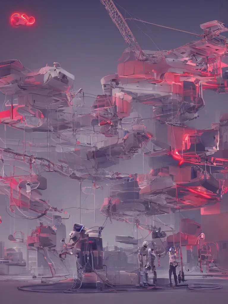 Prompt: graphic art of dystopian futuristic 1 0 mechanic surgeons astronauts, operate on a huge mickeymouse!!! severedhead!!!! held by a crane. ominous glowing red netflix!!! sign in the background, trending on art station, beeple!!, clean concept art, smooth, octane render, minimal, brain exposed