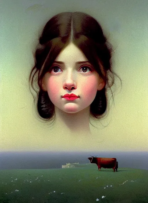 Image similar to hyper detailed 3 d render like a oil painting - cute portrait of a brunette named emma, italian looking, looking at camera, symmetrical face, long brunette hair, nose ring, a smiling cow looking over her shoulder by ryden, kawase hasui, dorothea tanning, edward hopper and james gilleard, aivazovsky, beksinski, outram, artstation