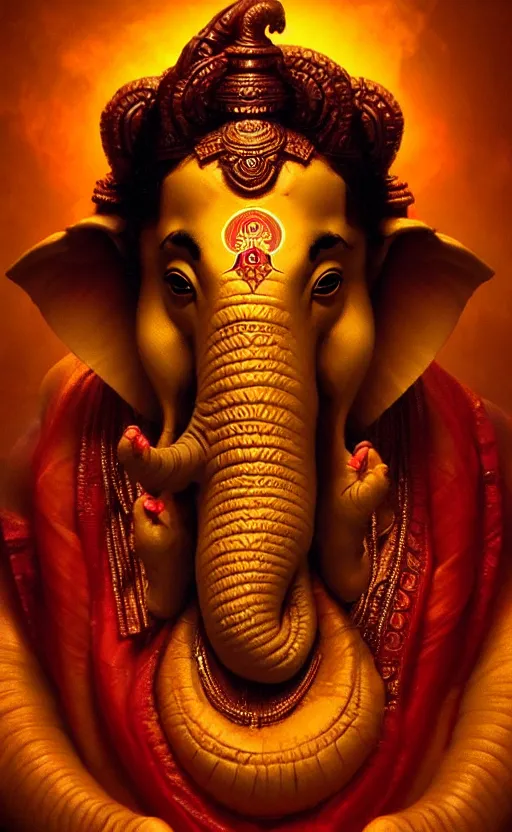 Image similar to a portrait of lord ganesha made of flesh and teeth, backlight, trending on artstation, volumetric lighting, atmospheric portrait, highly detailed, art by greg rutkowski and alphonse mucha