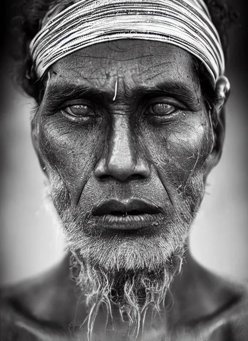 Image similar to Award winning Editorial photo of a Native Nauruans with incredible hair and beautiful hyper-detailed eyes wearing traditional garb by Lee Jeffries, 85mm ND 5, perfect lighting, gelatin silver process