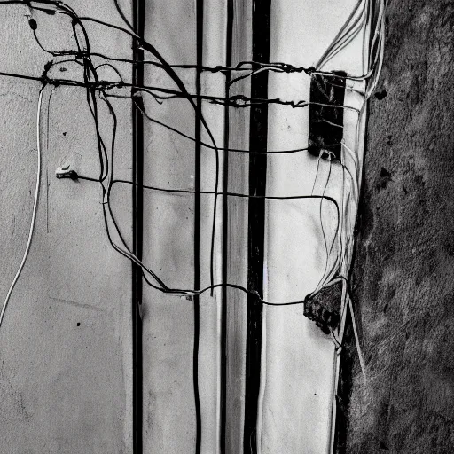 Prompt: a dark occult ritual of wires skin and decay, moody, hyper realism, 8 k photo, atmospheric