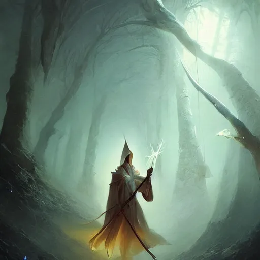 Image similar to ''cinematic shot'' white hooded mage ( specter ) holding a staff with leaves falling simetrical 8 k atmosferic realistic made by ivan aivazovsky, peter mohrbacher, greg rutkowski volumetric light effect broad light oil painting painting fantasy art style sci - fi art style realism premium prints available artwork unreal engine