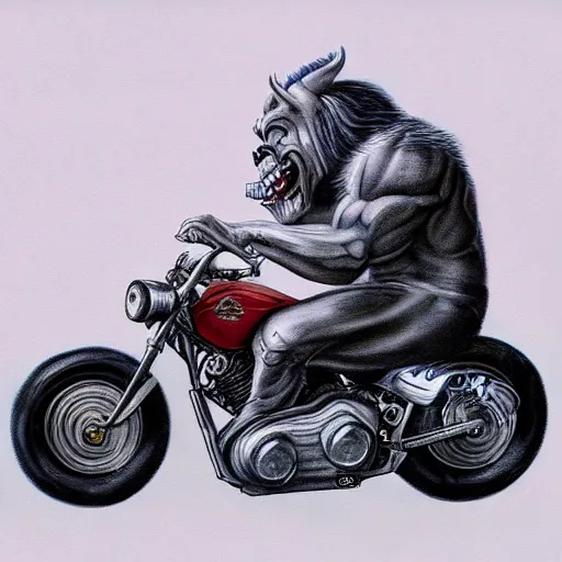 Image similar to soft airbrush art of an orc driving a motorcycle