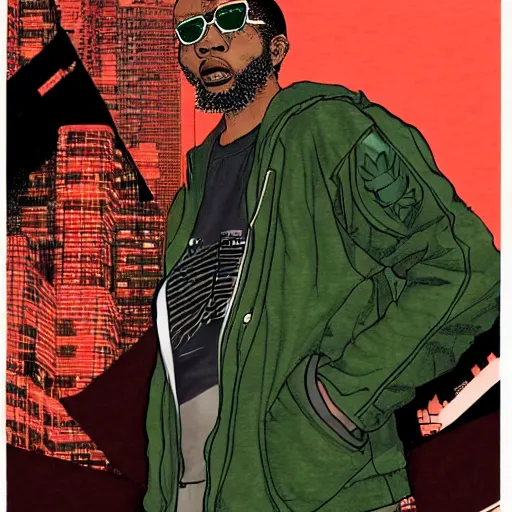 Image similar to illustration by katsuhiro otomo, black man with afro hair, raspy beard stubble, wearing an adidas army green jacket, in the streets of tokyo, akira style, by katsuhiro otomo