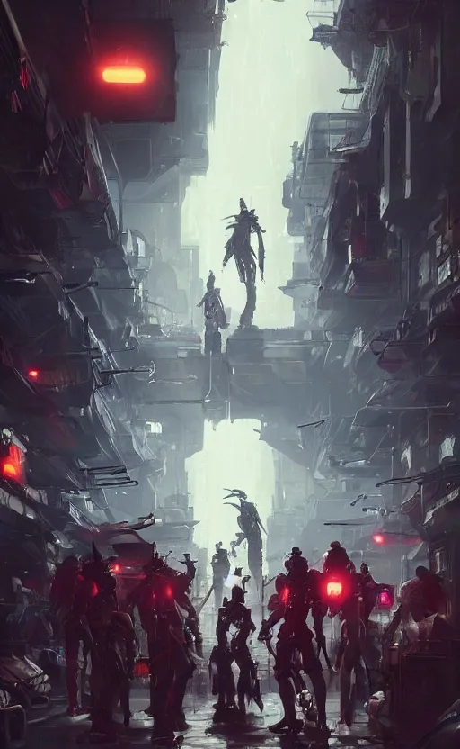 Image similar to cyberpunk samurai, crowd, cyber mech, machenic, arcane, by fortiche, by greg rutkowski, esuthio, craig mullins, wlop