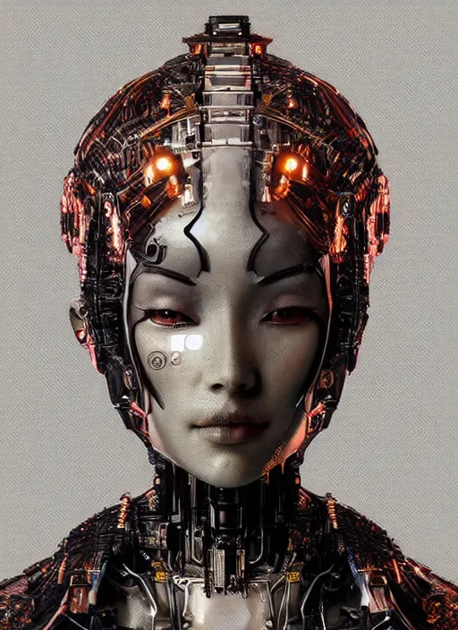 Image similar to portrait of a futuristic geisha cyborg, made from million point clouds, in the style of ghost in the shell, kintsugi, modern fine art, fractal, intricate, elegant, highly detailed, digital photography, subsurface scattering, by jheronimus bosch and greg rutkowski,