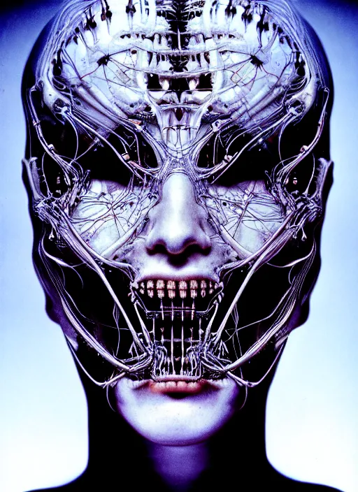 Image similar to portrait of neural nightmares by yoshitaka amano and HR Giger, detailed face face face face, facial structure, hd, 8k, very very very very electronic, biomechanical, biology, bio, neural machine, single subject, terror