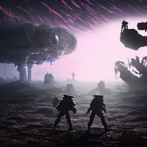 Prompt: hyperdetailed photo of a battle on a unknown creepy planet 8 k extremely detailed hd hyperrealism mysterious movie studio fx beautiful