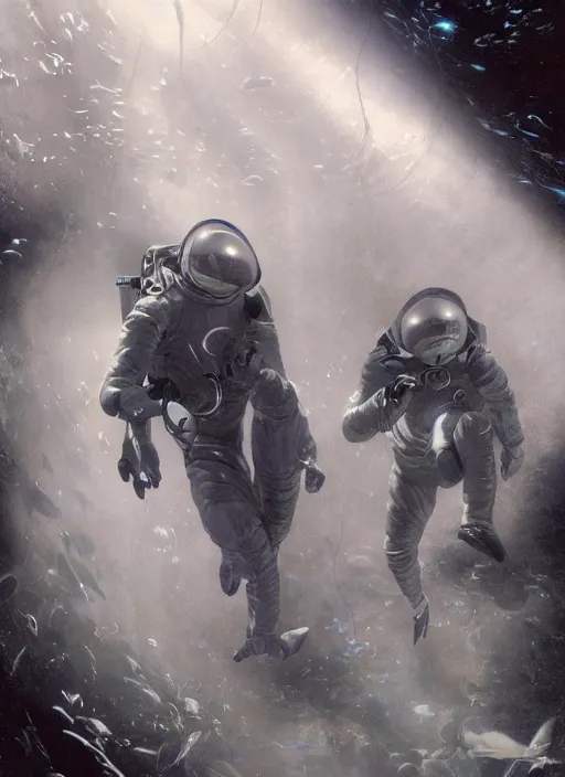 Image similar to astronauts in dark void underwater - complex and hyperdetailed suit. reflection and dispersion materials. rays and dispersion of light. glowing lights. volumetric light. f / 3 2. noise film photo. flash photography. ultra realistic, wide angle. poster by wayne barlowe, hajime sorayama aaron horkey, craig mullins