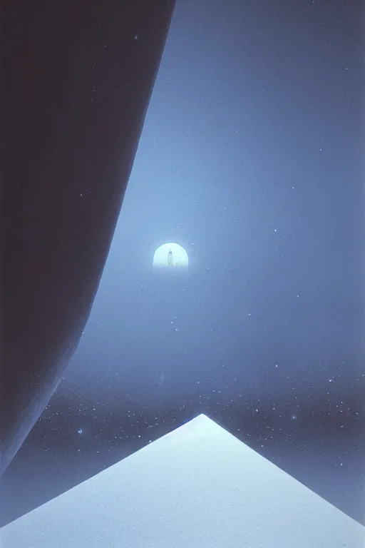 Image similar to emissary snow space by arthur haas and bruce pennington and john schoenherr, cinematic matte painting, zaha hadid building, photo realism, dark monochrome color palate, blue hour, james terrell art,