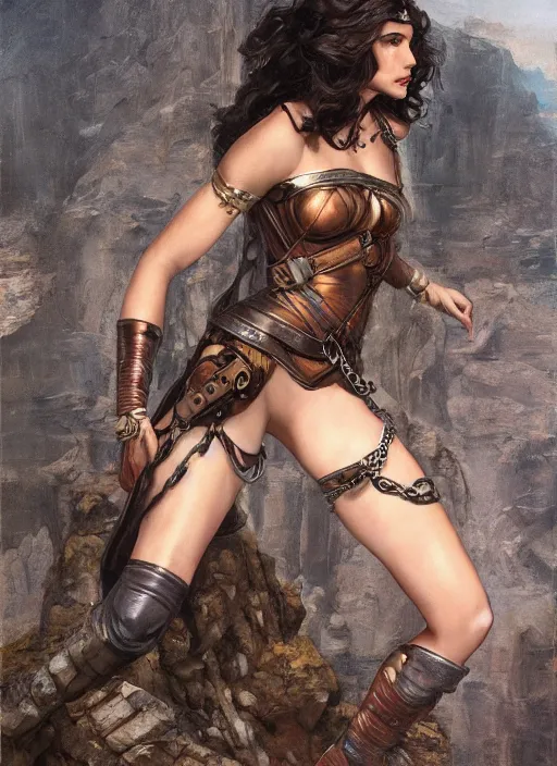 Image similar to oil painting of a highly detailed steampunk gal gadot in handcuffs while standing on a rock : leonardo da vinci, greg rutkowski, magali villeneuve