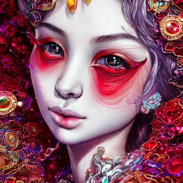 Image similar to an absurdly beautiful, elegant, young hypercolorful sensual gravure idol partially made up of rubies and red gems, ultrafine hyperrealistic detailed face illustration by kim jung gi, irakli nadar, intricate linework, sharp focus, bright colors, matte, octopath traveler, final fantasy, unreal engine highly rendered, global illumination, radiant light, intricate environment