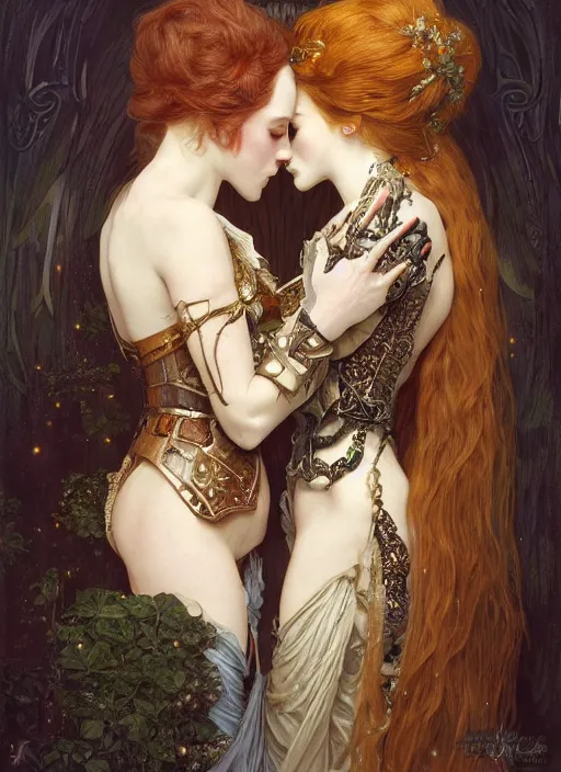 Image similar to portrait of two beautiful pale gothic maidens kissing, warhammer 40000, cyberpunk, intricate, elegant, highly detailed, digital painting, artstation, concept art, smooth, sharp focus, illustration, art by artgerm and greg rutkowski and alphonse mucha and Gustav Klimt