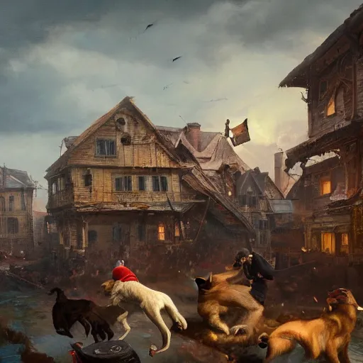 Prompt: a highly detailed oil painting of a giant dog smashing houses, renaissance, bystanders watching from the sides, 4 k, by greg rutkowski, artstation,