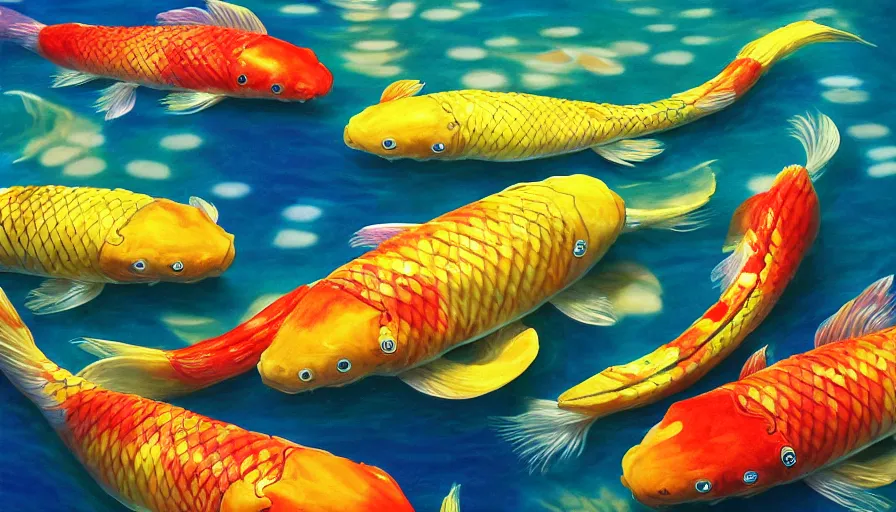 Image similar to golden glowing koi! fish swims in magical water with caustics and volumetric lighting, photorealistic painting
