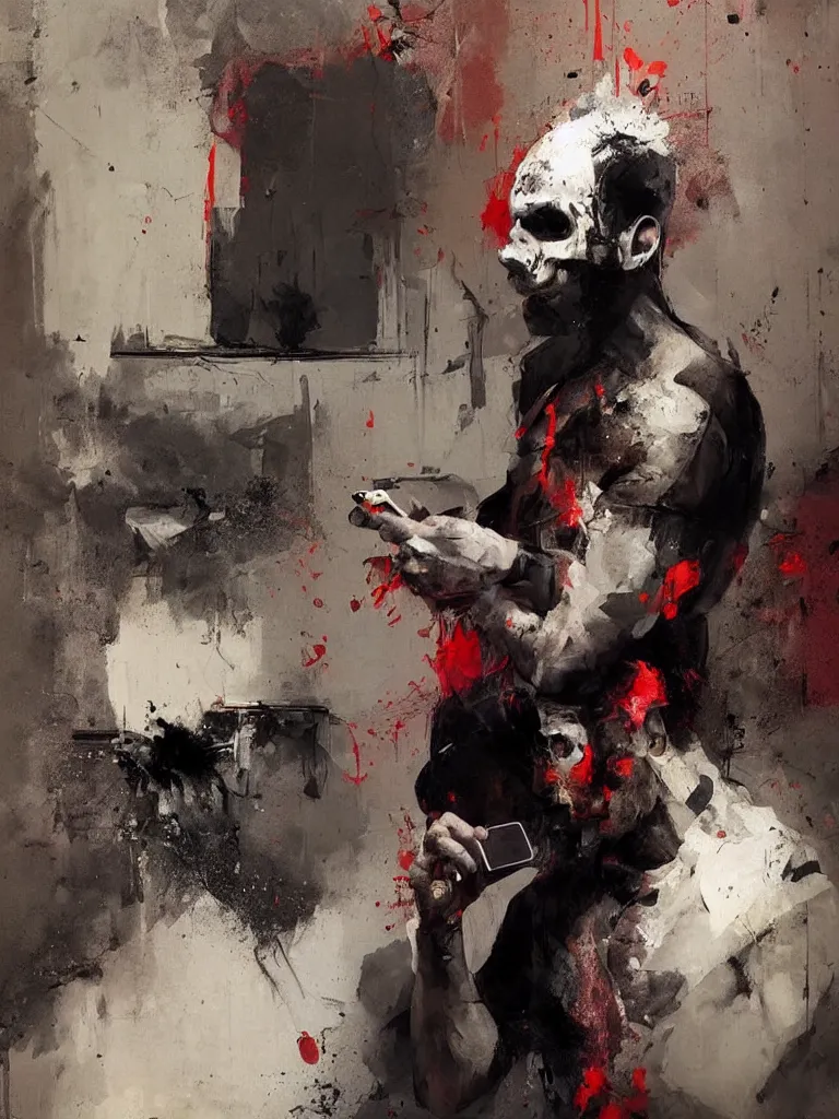 Prompt: a beautiful picture by joram roukes of a man looking at his phone in a bathroom, color bleeding, brushstrokes by jeremy mann, head skull