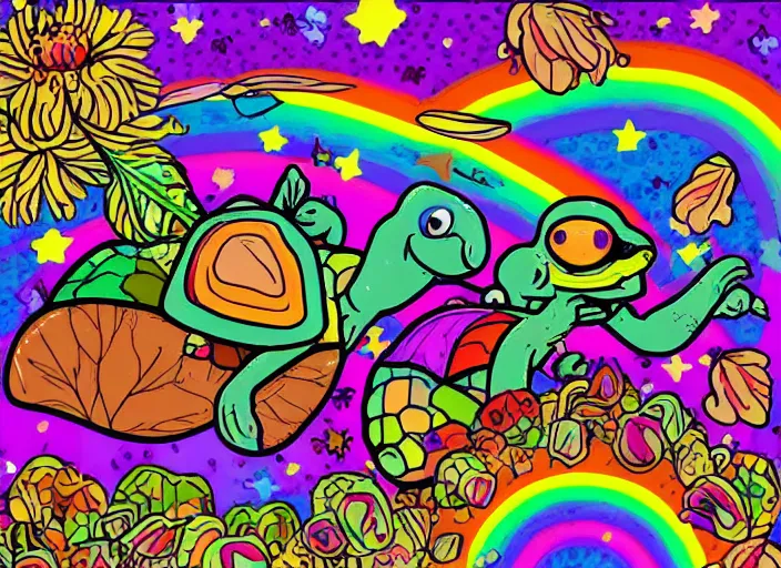 Prompt: 🌈🍄🐢🌿, lowbrow, in the style of lisa frank,